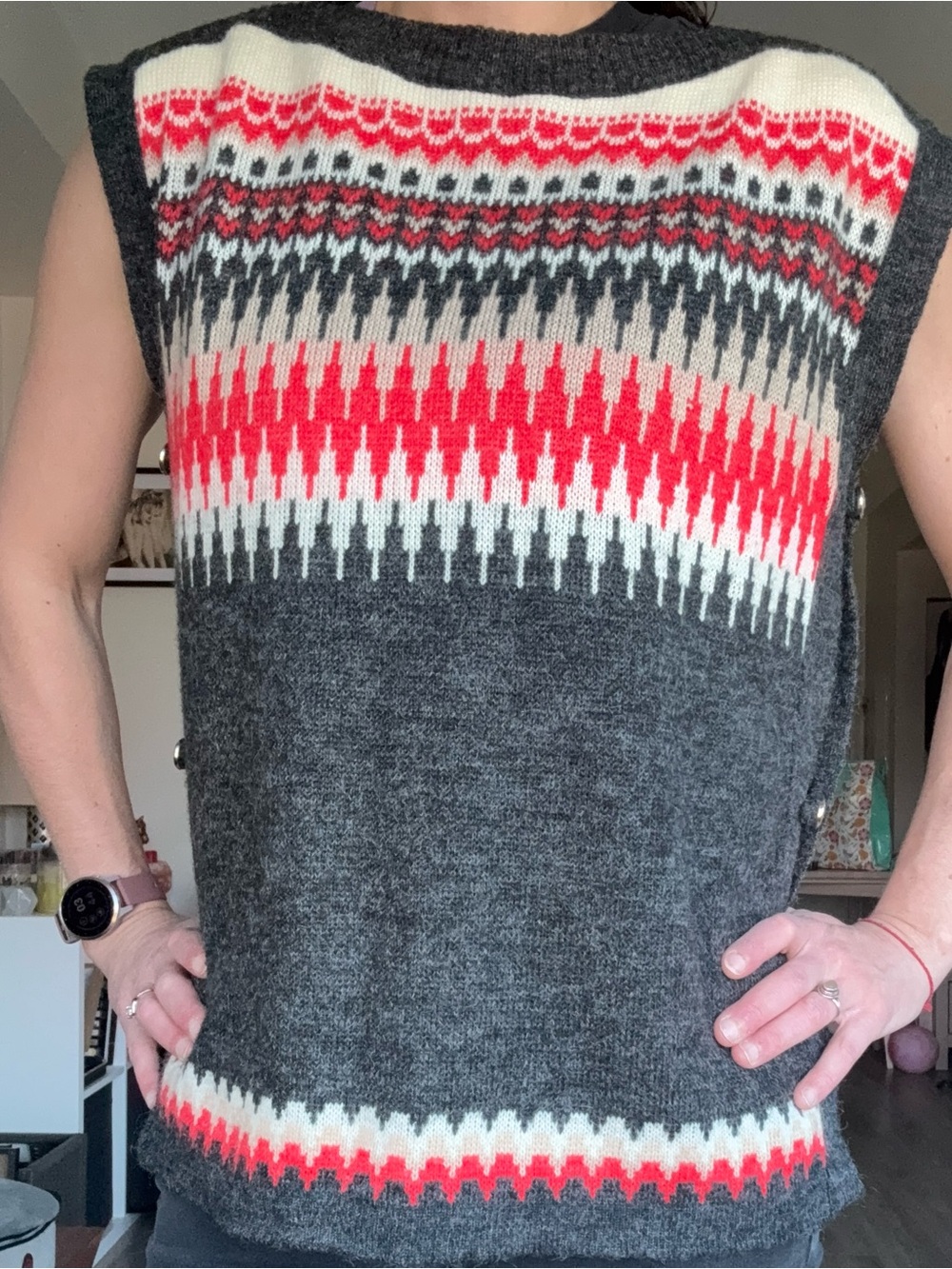 Vintage St Michael Fair Isle Sweater Vest Tabard Side Button Knit Charcoal Red